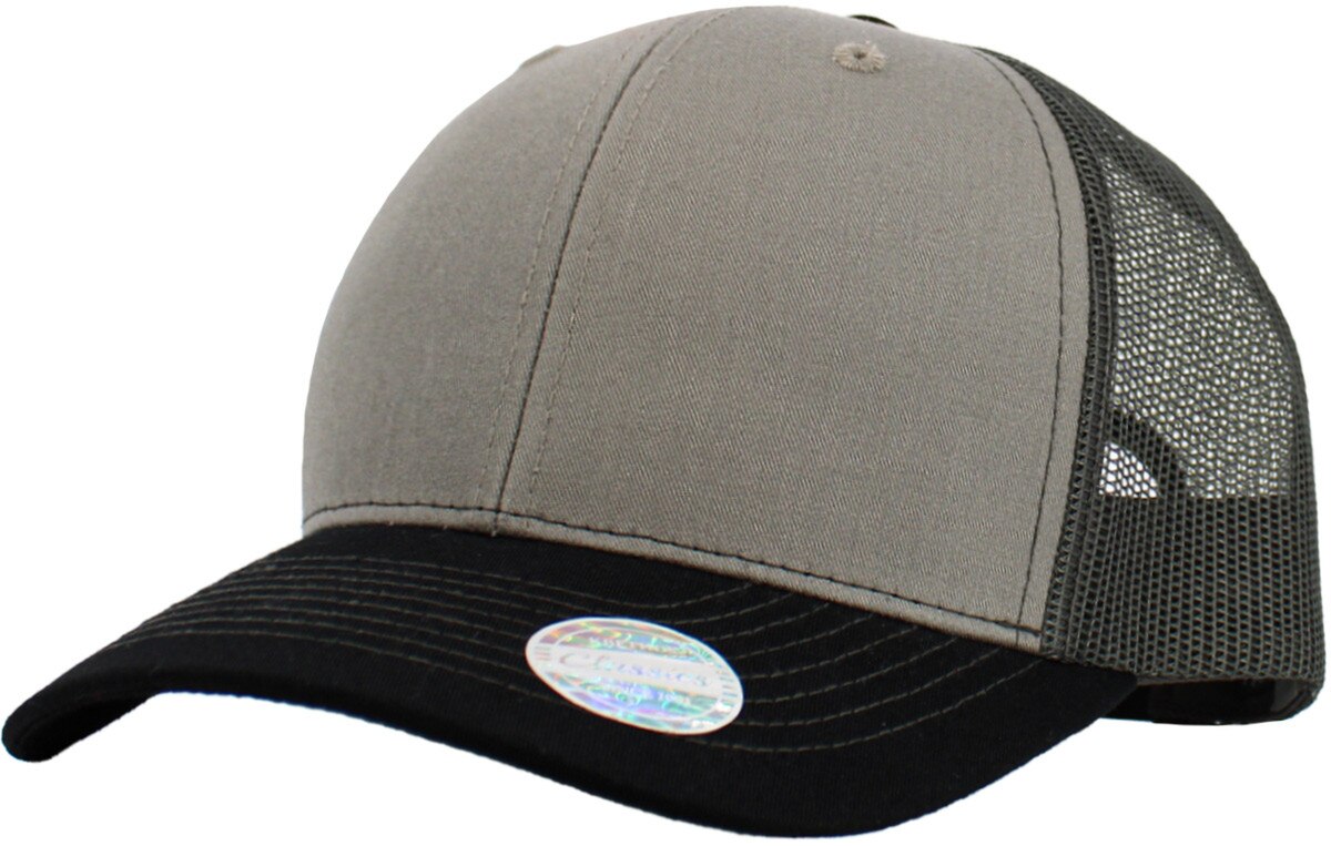 Light Gray Black Dark Gray Classic 6 Panel Trucker Mesh Snapback Front Side View